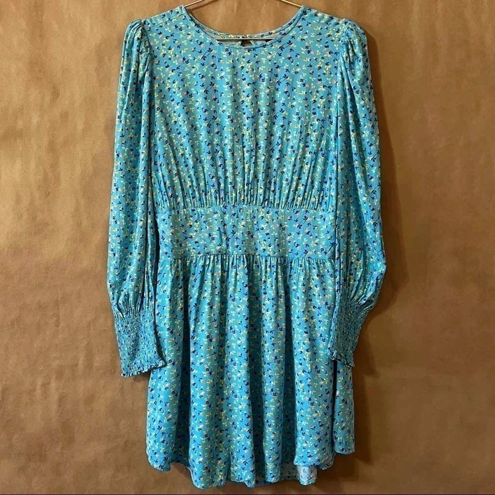 AFRM | Revolve Floral Puff Sleeve Smocked Back Cutout Dress Blue Ditsy Size M